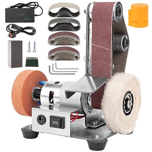 Image of Junchamp 3-in-1 Electric Belt-Sander Polishing-Grinding Knife Sharpener, 7 Speed Adjustable Mini Power Sanding Machine Bench Grinder for DIY Model Crafts Jewelry Making, Wood Metal Working
