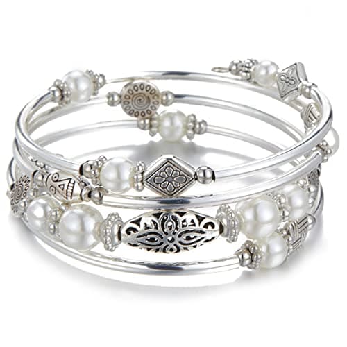 Image of BULINLIN Beaded Silver Bangle Wrap Bracelet for Her, Layered Bohemian Bracelets with Natural Stone, Jewellery Gifts for Women Ladies (White pearl)