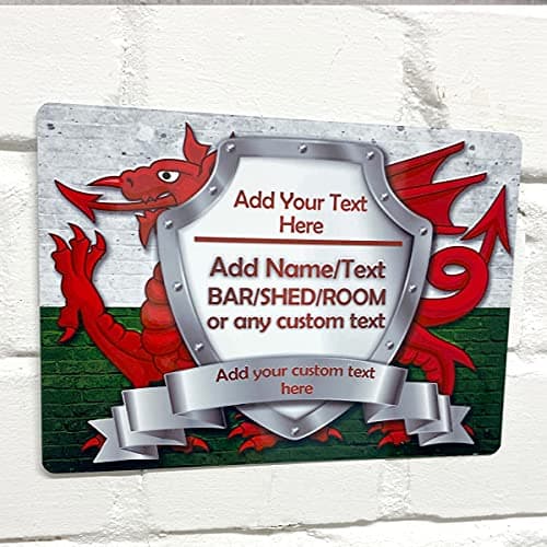 Image of Personalised Bar Sign - Wales Welsh Flag Printed Metal Sign wall art A4 Bar Add Name