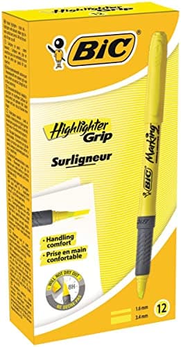 Image of Bic 811935 - Briteliner Grip Chisel Tip Highlighter Pen Yellow (PK12)