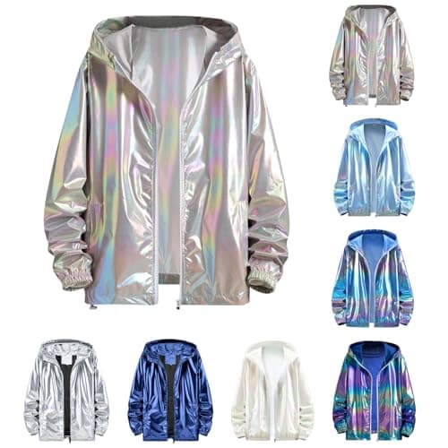Image of Silver Metallic Glitter Jacket Men Women Carnival Costume 80s 90s Disco Bomber Jacket with Hood Zip Sequins Vintage Sports Jacket Wind Jacket Long Sleeve Coat Winter Jacket Streetwear, Grey #1, 7XL