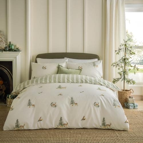 Image of Wylder Charlecote Duvet Cover Set – Reversible 100% Cotton Wildlife Print Bedding with Stripe Reverse (Green/Natural - Double)
