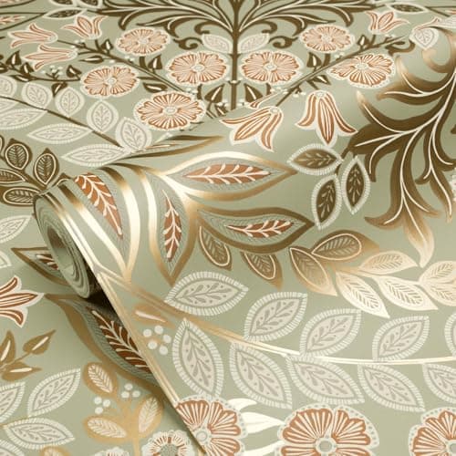 Image of Grandeco Belvedere Damask Style Arts & Crafts Metallic Floral Themed Wallpaper for Hallways Dining Rooms Living Rooms SnugsSage Green(202304)
