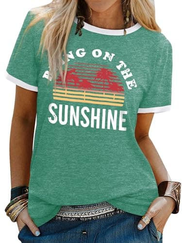 Image of Dresswel Women Bring On The Sunshine T-Shirt Rainbow Graphic Print Short Sleeve Crew Neck Tee Tops Ladies Summer Shirts(2-Pine Green,S)