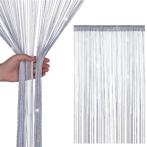 Image of WedDecor Silver String Curtains Glitter Fringe Panel Fly Screen Room Divider Tassel Curtain for Doors, Doorway, Windows, Home Décor, Event Decoration, (90cm x 200cm)