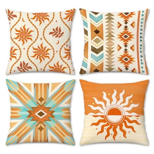 Image of COZZSNUGE Boho Aztec Cushion Covers Western Tribal Ethnic Geometric Orange Velvet Decorative Pillowcases for Garden Sofa Bed Home Patio 45 x 45 cm Set of 4