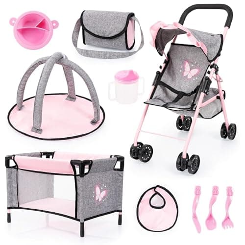 Image of Bayer Pink Dolls Stroller 10 Pieces - Baby Doll Pram Set with Kids Pushchair for Dolls 46 cm, Cot, Play Mat, Feeding Accessories, Changing Bag, Basket - Toy Buggy for Girls, Toddler