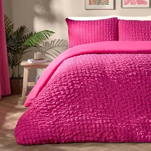 Image of OHS Pink Double Duvet Set, Gifts for Women Geometric Seersucker Duvet Cover Luxurious Quilt Cover Embossed Waffle Bedding Double Bed Set with Matching Pillowcases, Hot Pink