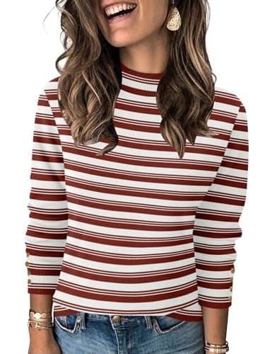 Image of Qirno Womens Mock Neck Long Sleeve Knit Sweaters Turtleneck Casual Lightweight Button Cuffs Fall Pullover Sweater, White Coffee Stripes All Over, M