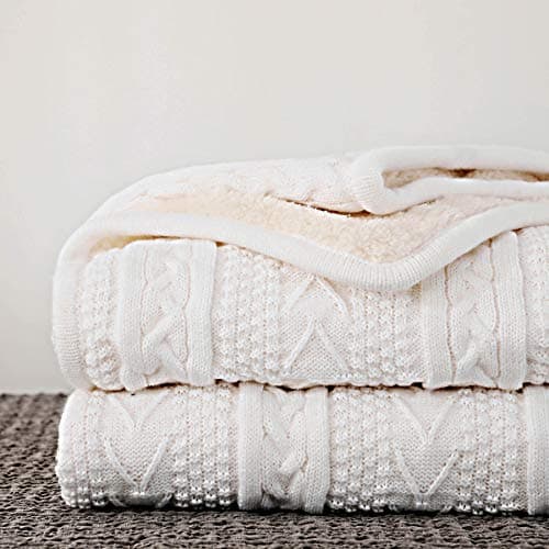 Image of Longhui bedding LANSOW Acrylic Cable Knit Sherpa Throw Blanket – Thick, Soft, Big, Cozy Ivory White Knitted Fleece Blankets for Couch, Sofa, Bed – Large 50 x 63 Inches Ivory White Coverlet All Season