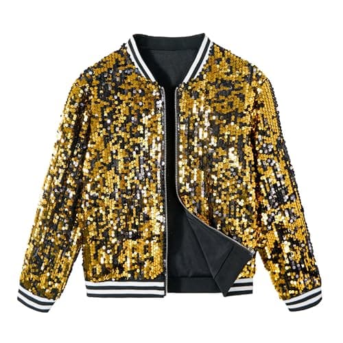 Image of LOLANTA Girls Sequin Bomber Jacket with Pockets Zipper Long Sleeve Sparkle Baseball Jackets, Black gold, 4-5 Years, 110
