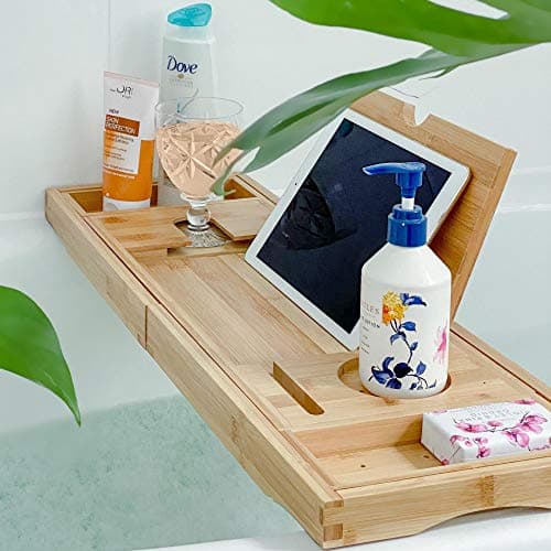 Image of Deep Calm Bath Caddy – Foldable, Extendable Bath Tray Holds Book, iPad, Tablet, Phone, Wine Glass, Candle - Adjustable Bathtub Table – Luxury, Natural Bamboo Bath Shelf (Natural)