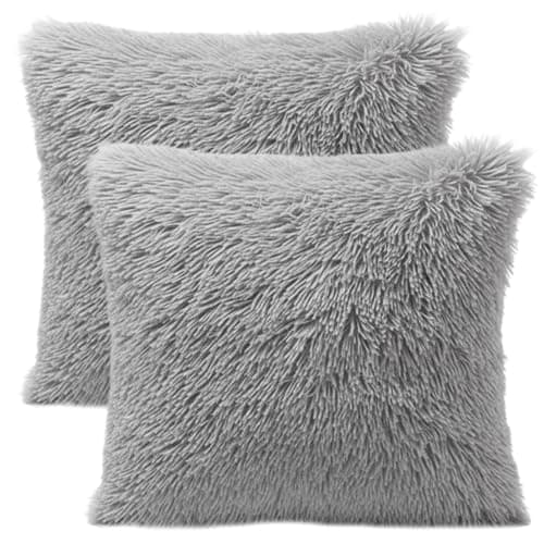 Image of WORUIB 2 Pack Grey Cushion Covers, Fluffy Cushions, Faux Fur Cushion Covers, Soft and Cozy, 43x43cm, for Living Room, Bedroom, Sofa