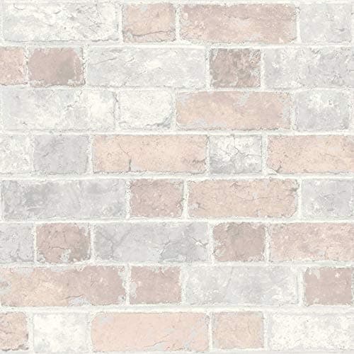 Image of Muriva Kinsley Brick Wall Effect Stone Pale Pink Light Grey Rustic Wallpaper WD0070