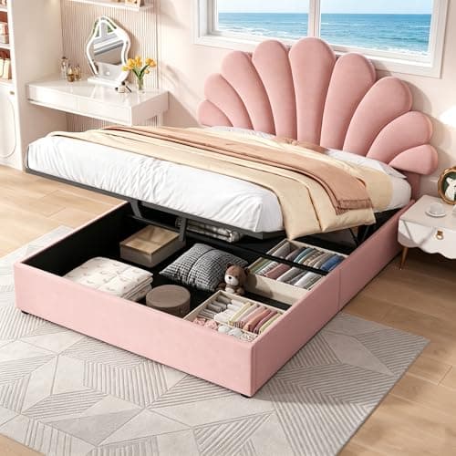 Image of Jovify 4ft6 Double Bed Frame with Hydraulic Lift & Adjustable Petal Headboard, Velvet Fabric Upholstered Gas Lift Ottoman Bed with Storage & Wooden Slats, Pink, No Mattress, No Box Spring Needed