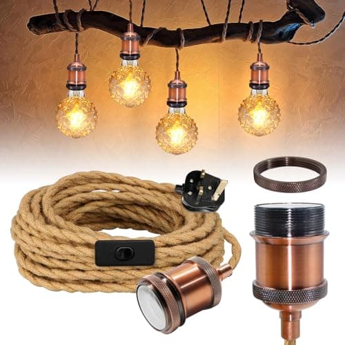 Image of Retro Hemp Rope Lamp with 510 cm Lamp Cable with Plug and Switch, Rose Gold Brass Pendant Light Fitting, Industrial Plug in Hanging Light Fixture, E27 Bulb Holder,for Bedroom Kitchen, No Bulb