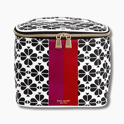 Image of Kate Spade New York Beige Lunch Bag, Small Insulated Lunch Tote, Thermal Bag with Double Zipper and Carrying Handle, Black Spade Flower