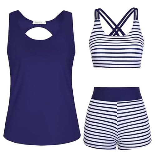 Image of JASAMBAC Swimsuits for Women,3 Piece Tankini Swimming Costume Ladies Bikini Set Modest Swimwear Tank Top with Bikini Top Swim Shorts