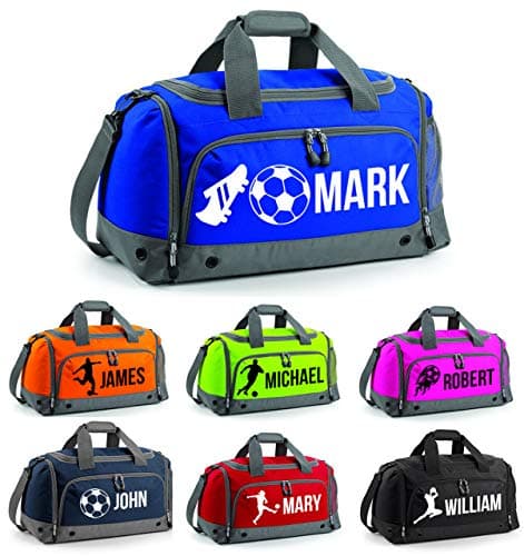 Image of Personalised Football Holdall Personalised Printed Holdall with Your Name or Club Kids Boys Mens Kit Bag Bag (Fuchsia, 1- Football Player with Name)
