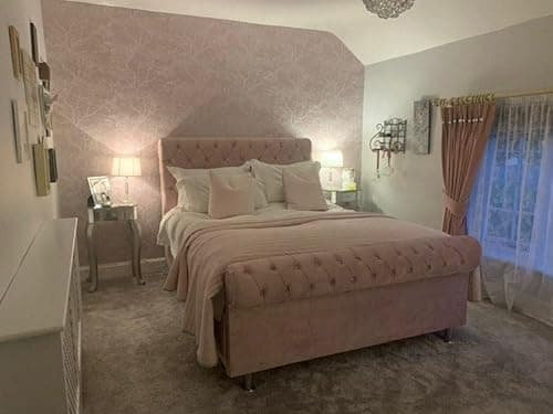 Image of Upholstered Small Double Bed Frame In Pink Plush Velvet – 48 Inch High Headboard & Matching Fabric Buttons - Wood Slat Support – Easy To Assemble
