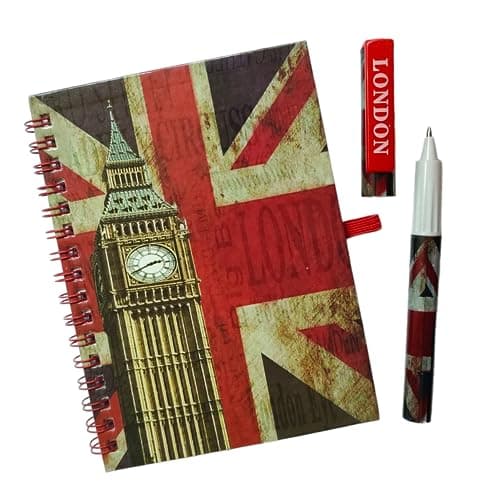 Image of Stationary A6 Union Jack Notebook Pen - UK Flag Notepad Pen Set - Wire-bound Notepad - London Souvenirs Memo Book - British Souvenir Notebook & Pen UJ UK Gift Set