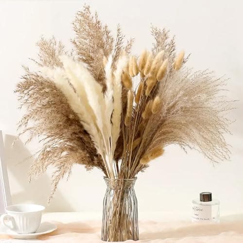 Image of 110 Pcs Natural Dried Pampas Grass Bouquet, Boho Home Decor 14''~17", Suitable for Wedding, Home, Rustic Party, Baby Shower Decorations (White & Brown)
