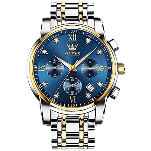 Image of OLEVS Watches Men Gold Silver Stainless Steel Chronograph Watch for Men Roman Numerals Diamond Analog Quartz Men's Watch Big Face Classic Blue Waterproof Luminous with Date Mens Watches