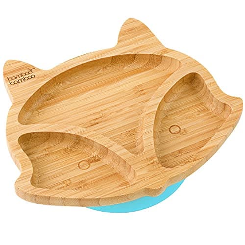 Image of bamboo bamboo Baby and Toddler Plate for Feeding and Weaning, Bamboo Fox Plate with Secure Suction, Suction Plates for Babies from 6 Months (Fox, Blue)