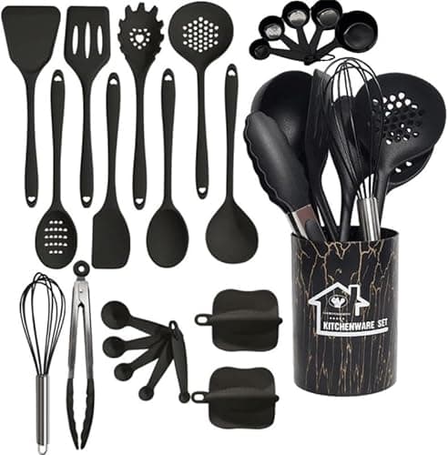 Image of ProBytes 23 Pcs Silicone Kitchen Utensils Set – Non-Stick Heat-Resistant Cooking Tools with Holder – BPA-Free Spatula, Spoon, Whisk, Tongs, Measuring Cups & Spoons (Utensil Kitchen Set - Black)