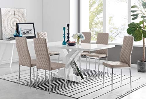 Image of Atlanta Rectangle Chrome Metal Modern Stylish High Gloss White 6 Seater Dining Table and 6 Stylish Modern Milan Dining Chairs Set (Dining Table + 6 Cappuccino Grey Milan Chairs)