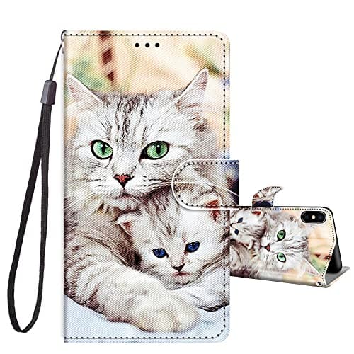 Image of JRIANY for iPhone X/XS Case, PU Leather Wallet Case with Cute Pattern [Card Holder] [Kickstand], iPhone X Flip Case, Shockproof Cover Compatible with Apple iPhone XS/X, Cats D
