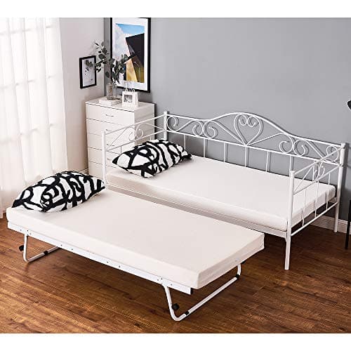 Image of Panana Day Bed Solid Metal Bed Frame 3ft Single Bed Sofa Guest Bed Sustainable Daybed (White, Daybed+Trundle Set)