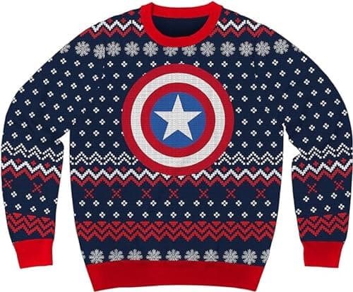 Image of Captain America Marvel Comics Holiday Christmas Sweater Licensed, Blue, XXL