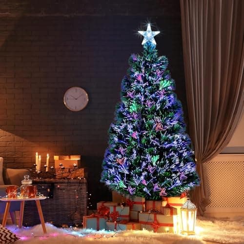 Image of Christmas Tree Fiber Optic Xmas Pre Lit Color Changing Light PVC Artificial Tree Top Star Metal Stand Free Standing Indoor Xmas Decoration Multicolored Tree (180 Cm)