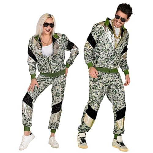 Image of Widmann 11281 Costume 80s Tracksuit Dollar, Jacket and Trousers, Banknotes, Jogging Suit, Retro Style, Bad Taste Party, Carnival, Multicoloured, S