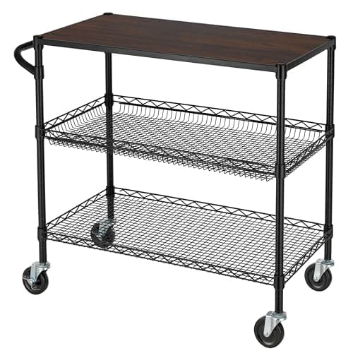 Image of Finnhomy 3 Tier Heavy Duty Commercial Grade Utility Cart with Wood Top, Wire Rolling Cart with Wheels and Handle Bar, Kitchen Carts on Wheels, 18x36x35.4H Metal Cart with 600 LBS Capacity, Black