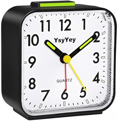 Image of YsyYey Silent Analogue Alarm Clock – No Ticking, 4-Stage Ascending Alarm for Heavy & Light Sleepers, Snooze, Night Light, Battery Powered (1×AA) for Bedside & Travel (Black)