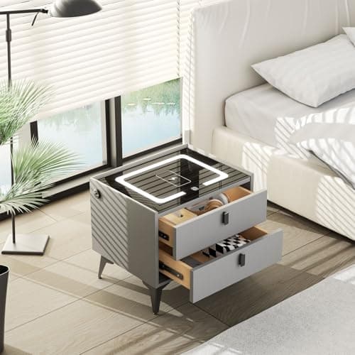 Image of Oyajia Grey Smart Bedside Table with Wireless Charging, Nightstand with LED Light, 2 Drawers Nightstand, Chest of Drawers for Living Room/Bedroom, 50.00 * 52.00 * 33.00 cm