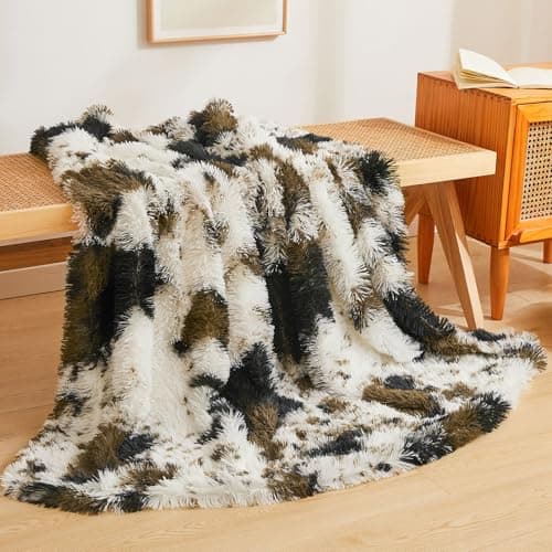 Image of XeGe Luxury Faux Fur Throw, Soft Cow Print Fluffy Blanket, Shaggy Plush Decorative Couch Blanket, Cute Furry Fuzzy Single Animal Print Throw for Sofa Bed Chair Office, Cow Brown