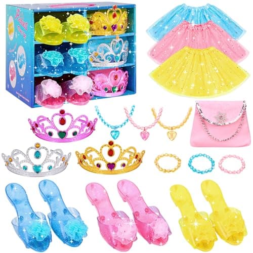 Image of MELAND Princess Dress Up Shoes - 3 Set Girls Princess Costumes with Shoes, Crowns, Accessories, Toys for 3 4 5 6 Year Old Girls Birthday Gifts