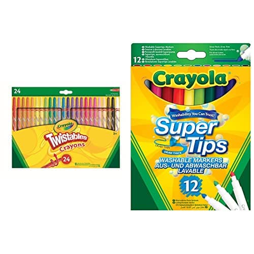 Image of CRAYOLA Twistables Colouring Crayons - Assorted Colours (Pack of 24) & SuperTips Washable Markers - Assorted Colours (Pack of 12) | Premium Felt Tip Pens That Can Easily Wash Off Skin & Clothing