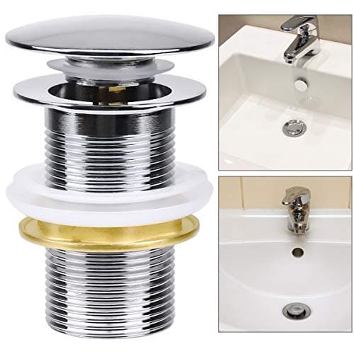 Image of Universal Basin Sink Waste Pop up Drain Valve Set Click Sprung Plug Push Button Drainer Chrome Plated with Overflows for Bathroom Washbasin Sink Basin Seals