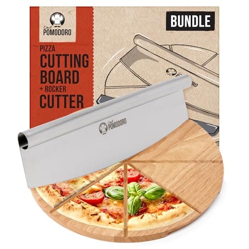 Image of Chef Pomodoro - 14" Pizza Cutter & Cutting Board Set - Stainless Steel Blade with Wooden Board and Cutting Guide
