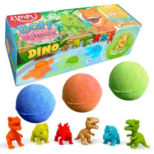 Image of ZIMPLI - 3 x Large Dino Surprise Bath Bombs, 1 of 6 Surprise Dinosaur Toys to Collect, One per Baff Bomb, Bubble Bath Fizzies for Birthday, Xmas Gifts