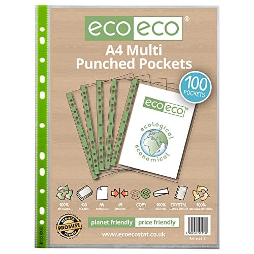 Image of eco-eco A4 100% Recycled Premier Multi Punched Pockets Glass Clear, Transparent Poly Wallet Sheet Protector, 65 Microns (Pack of 100), eco113