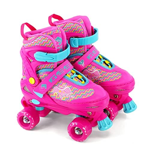 Image of 4 Wheel Adjustable Quad Roller Skates Kids Boots Childrens Rollerskates, Pink (Pink, Medium/UK 2-4/)