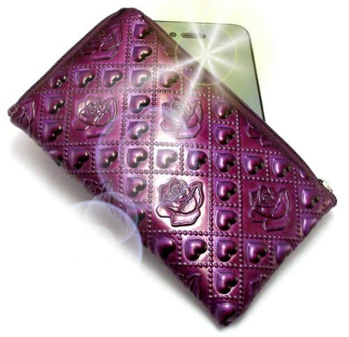 Image of Genuine "Passion" Luxurious Padded Gloss Finish Zipped Wallet / Holder & "Party" Glitter Purple Wrist Strap for BlackBerry Bold 9000 .Unique Embossed Zip Pouch / Case / Skin / Holster with Lanyard for Mobile Phone and Credit Cards - Shadow Purple .