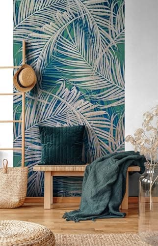 Image of Grandeco XL Palm Leaves 3 Lane repeatable Textured Mural, 2.8 x 1.59m, Teal Blue
