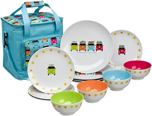 Image of Flamefield CAM0113 Camper Smiles 12 Piece Melamine Dining Set with Cooler Bag, Multicolour