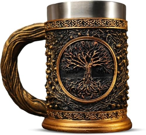 Image of Original Handmade Viking Mug - 20oz Yggdrasil Tree of Life Beer Tankard - Stainless Steel Medieval Celtic Pirate Heavy Cup - Norse Mythology Decor Gifts for Men Women